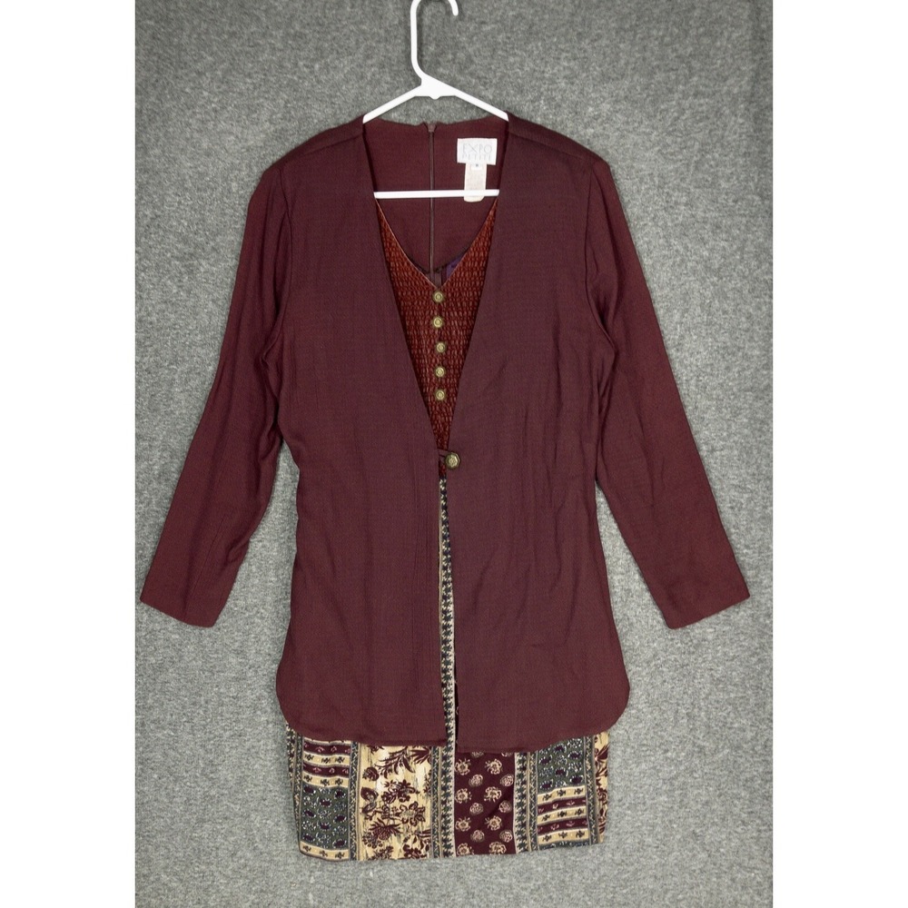 Vintage Expo Petite Dress Women's 8 Burgundy Purple Floral Jacket mini Dress Set